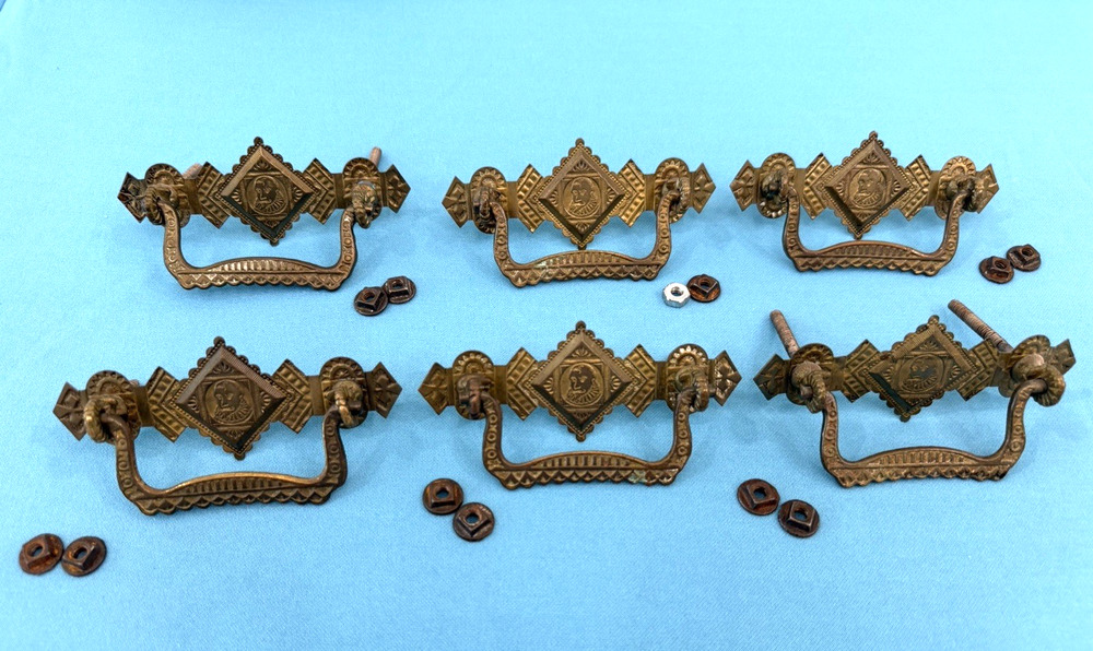 Vintage Antique Brass Eastlake Drawer Pulls - Set of 6 - Victorian Diamond